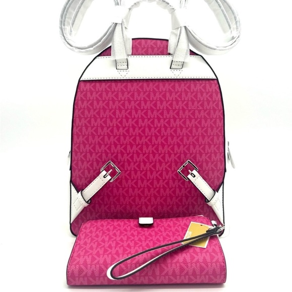 Michael Kors Md Embellished Zip Pocket Backpack & Double Zip Wallet Dragonfruit - Picture 5 of 14